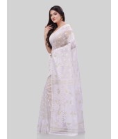 DESH BIDESH Women`s Phulkari Resham Dhakai jamdani Bengal Pure Cotton Handloom Saree Whole Body Design without Blouse Piece (Off White)